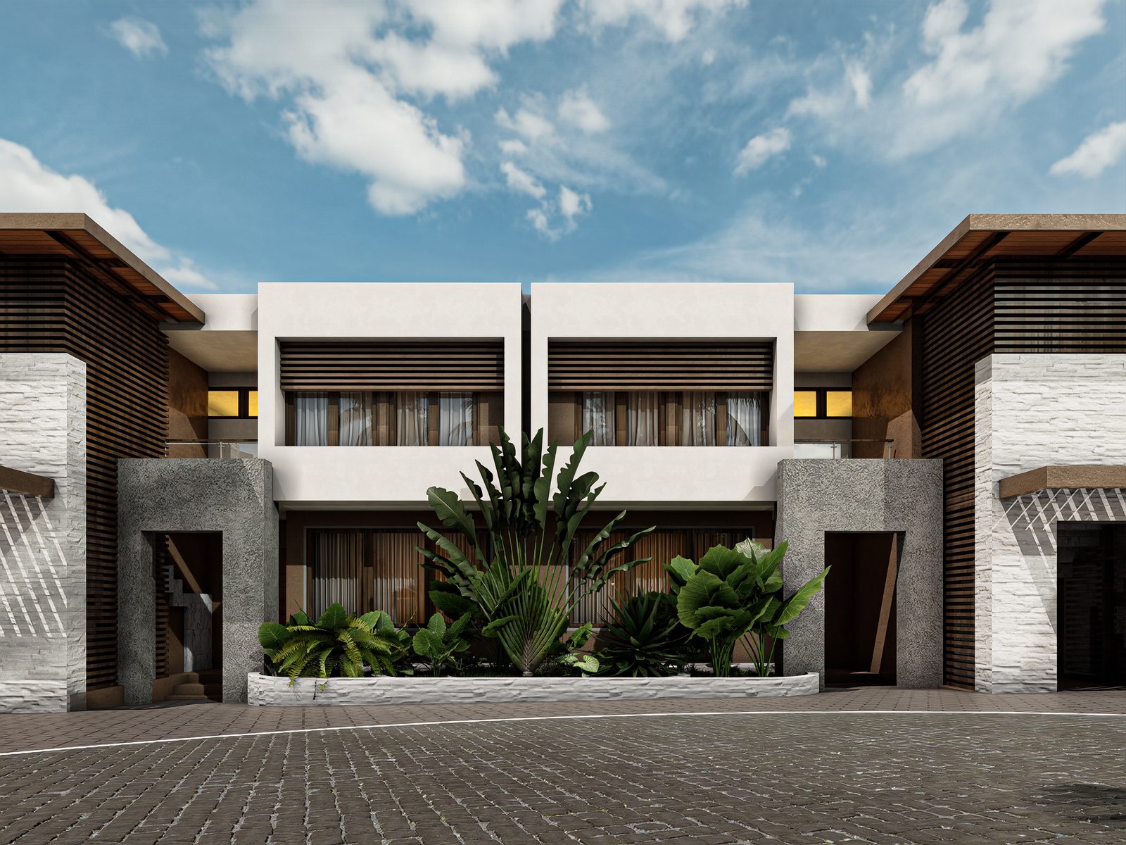 Karibu townhouses framed by tropical planting