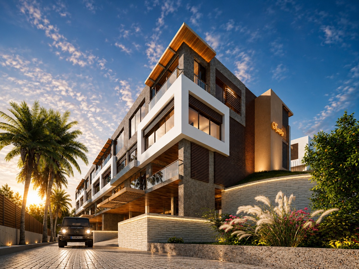 Karibu Condominiums at dusk, its sign glowing above the stone terrace wall